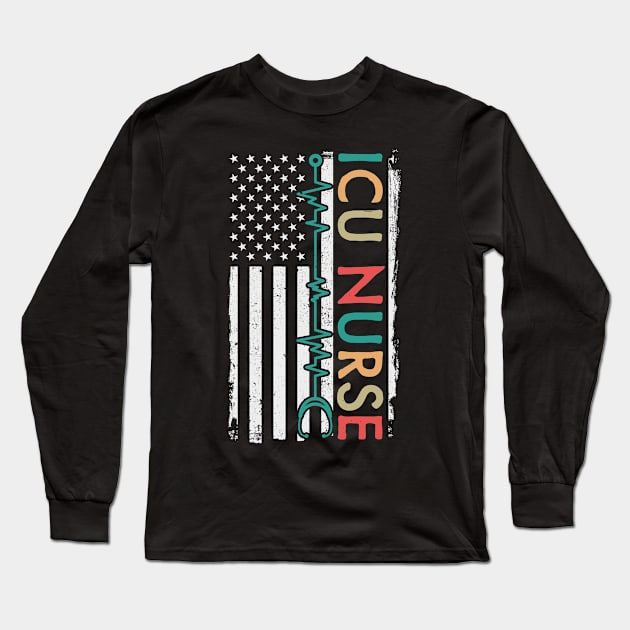 ICU Nurse American Flag Long Sleeve T-Shirt by White Martian